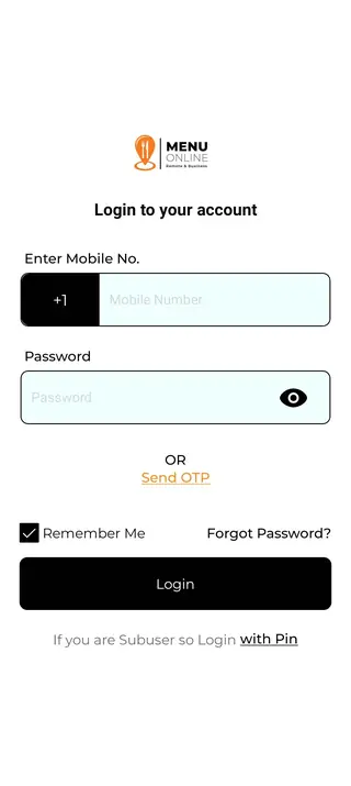 Menuonline Business and Remote App login screen