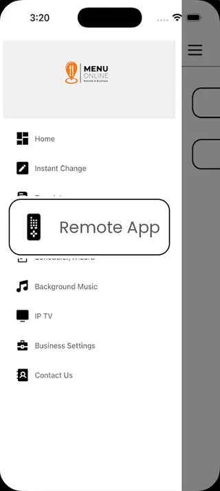 Menuonline Business and Remote App menu with Remote App highlighted