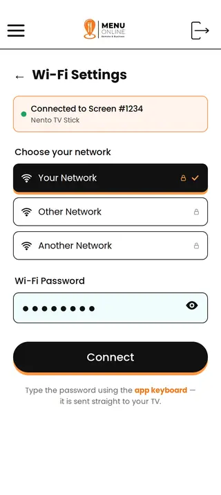 Wi-Fi Settings screen in the app with network and password fields