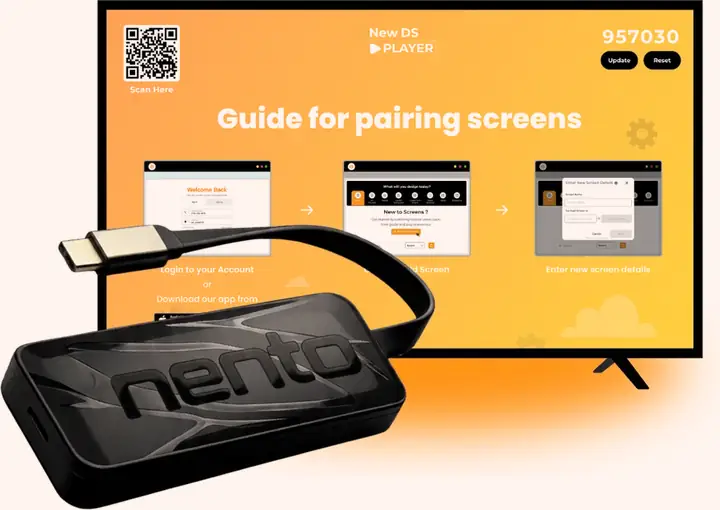 Nento TV Stick connected to a TV showing the screen pairing guide