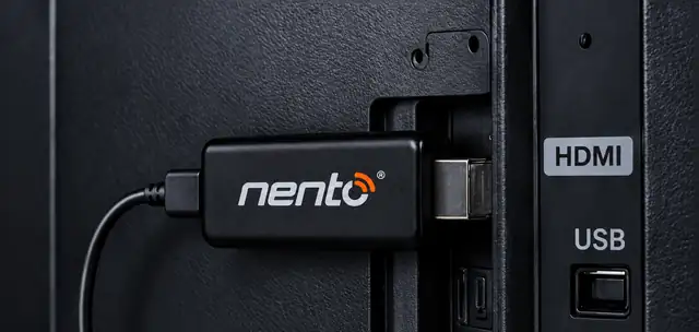 Nento TV Stick plugged into a TV's HDMI port and powered from the TV's USB port